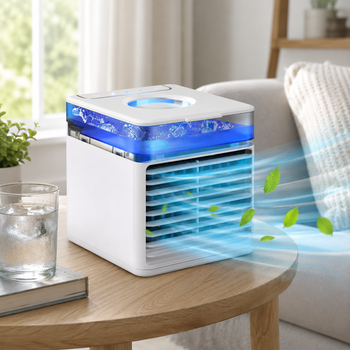 Mini AC & desk fan with humidifier and air purifier. Compact design for ultimate summer comfort at home/office.