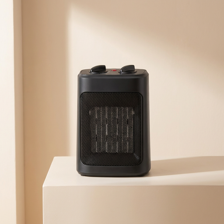 Portable electric space heater with fan, multiple heat modes for indoor home comfort. Small room warmer.