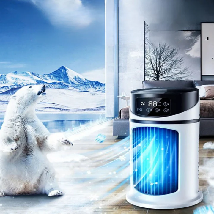 Portable energy-efficient personal air cooler for desktop & home office. Compact, quiet mini AC ideal for bedroom cooling.