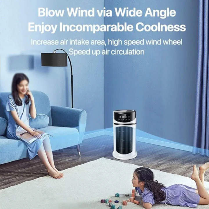 Compact energy-efficient portable air cooler with humidifying fan. Personal desktop AC, perfect for summer essentials.