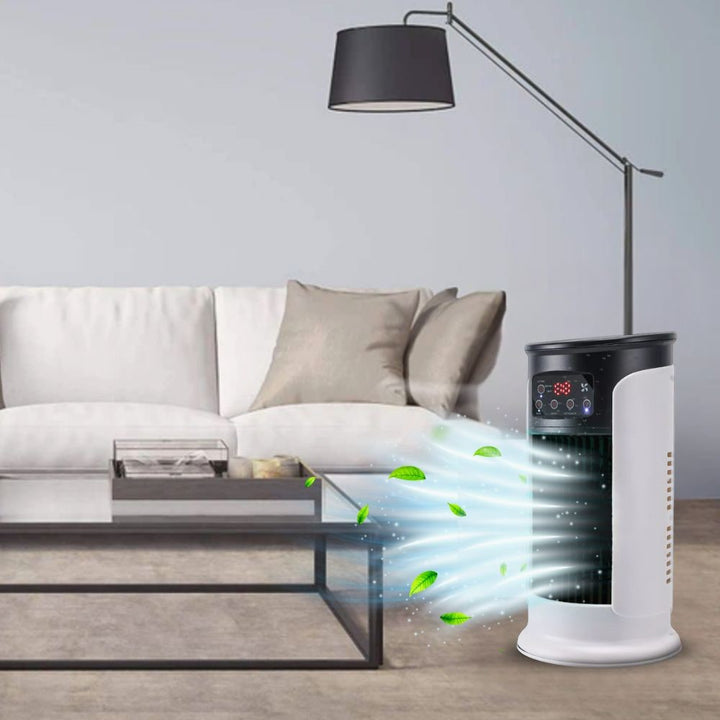 Portable evaporative air cooler and tower fan for efficient indoor cooling, ideal for home office or bedroom comfort.