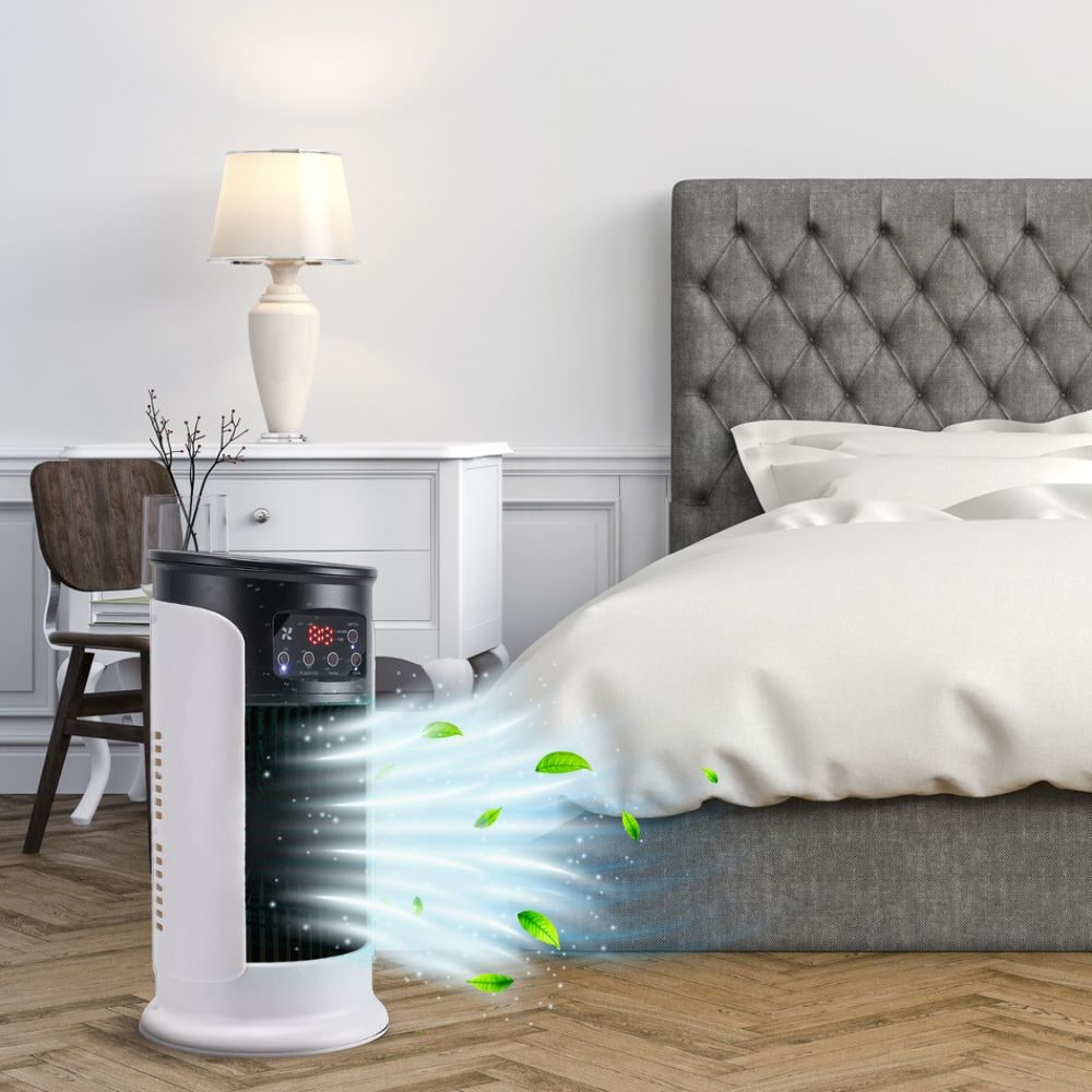 Sleek tower fan with personal cooling features, a quiet windowless AC alternative for summer comfort in any room.