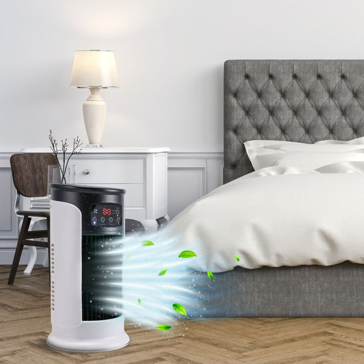 Sleek tower fan with personal cooling features, a quiet windowless AC alternative for summer comfort in any room.