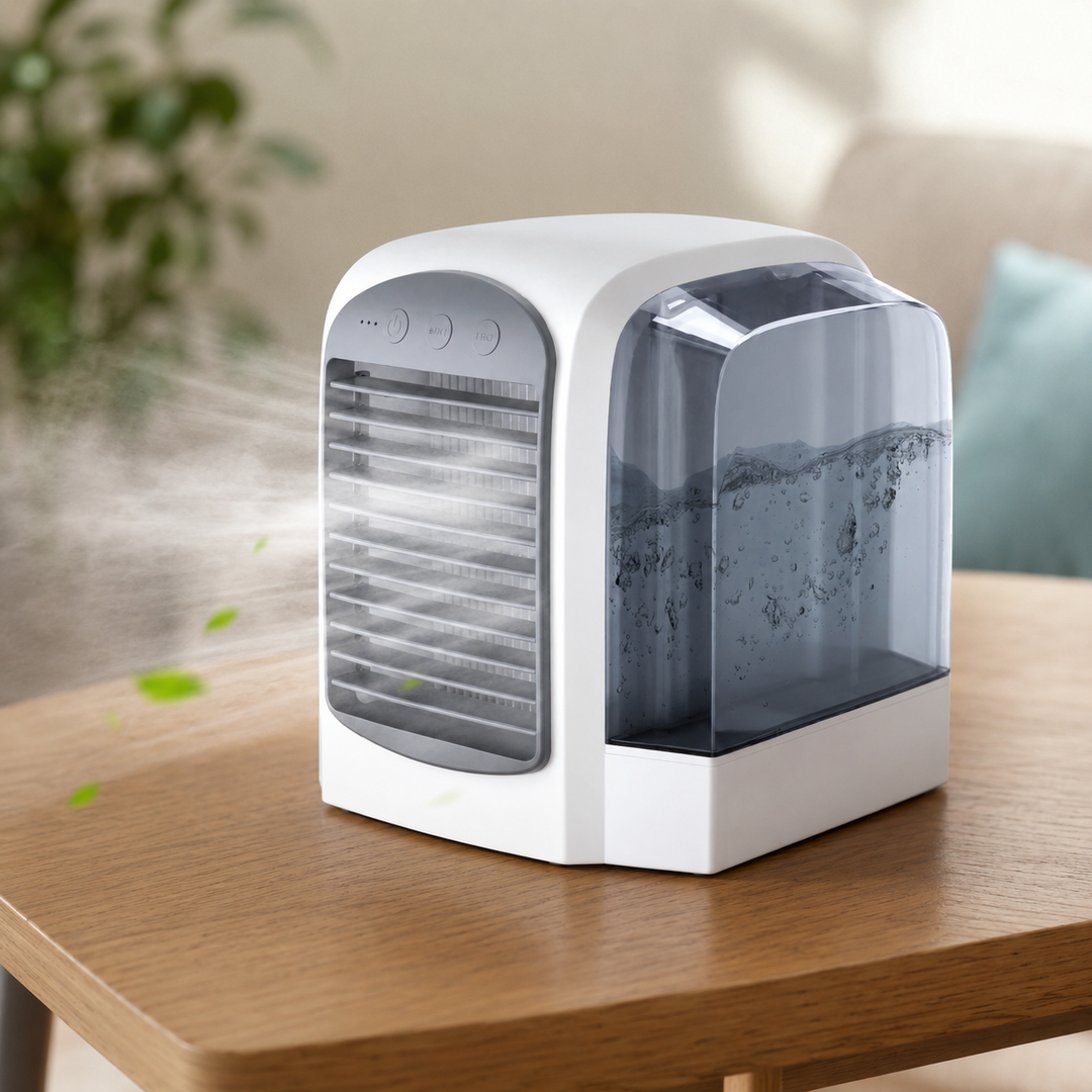 Portable evaporative air cooler fan with oscillation for personal room cooling.