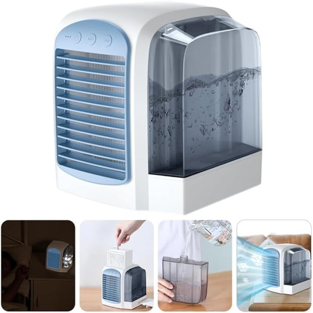 Efficient portable evaporative air cooler provides refreshing, quiet room cooling for home or office.