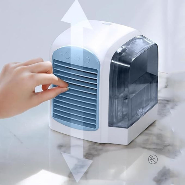 Compact evaporative air cooler and portable fan with oscillation, ideal for home comfort.