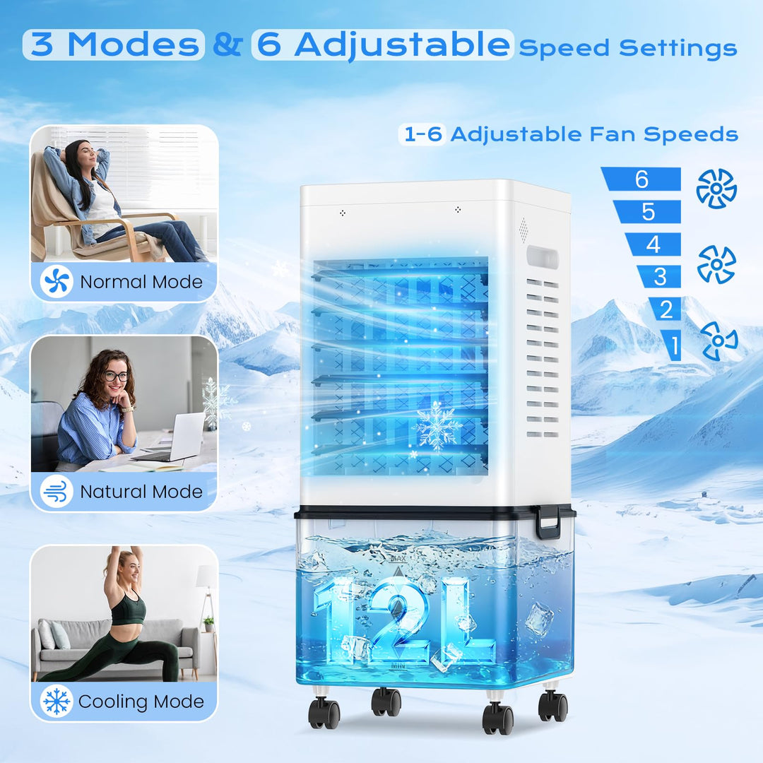Compact portable evaporative cooler with casters, easy to move for home and office comfort.
