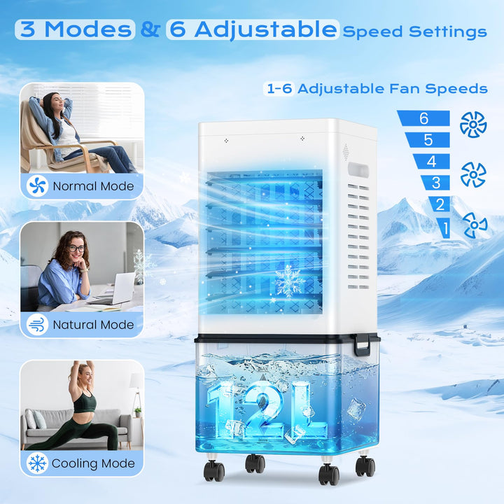 Compact portable evaporative cooler with casters, easy to move for home and office comfort.