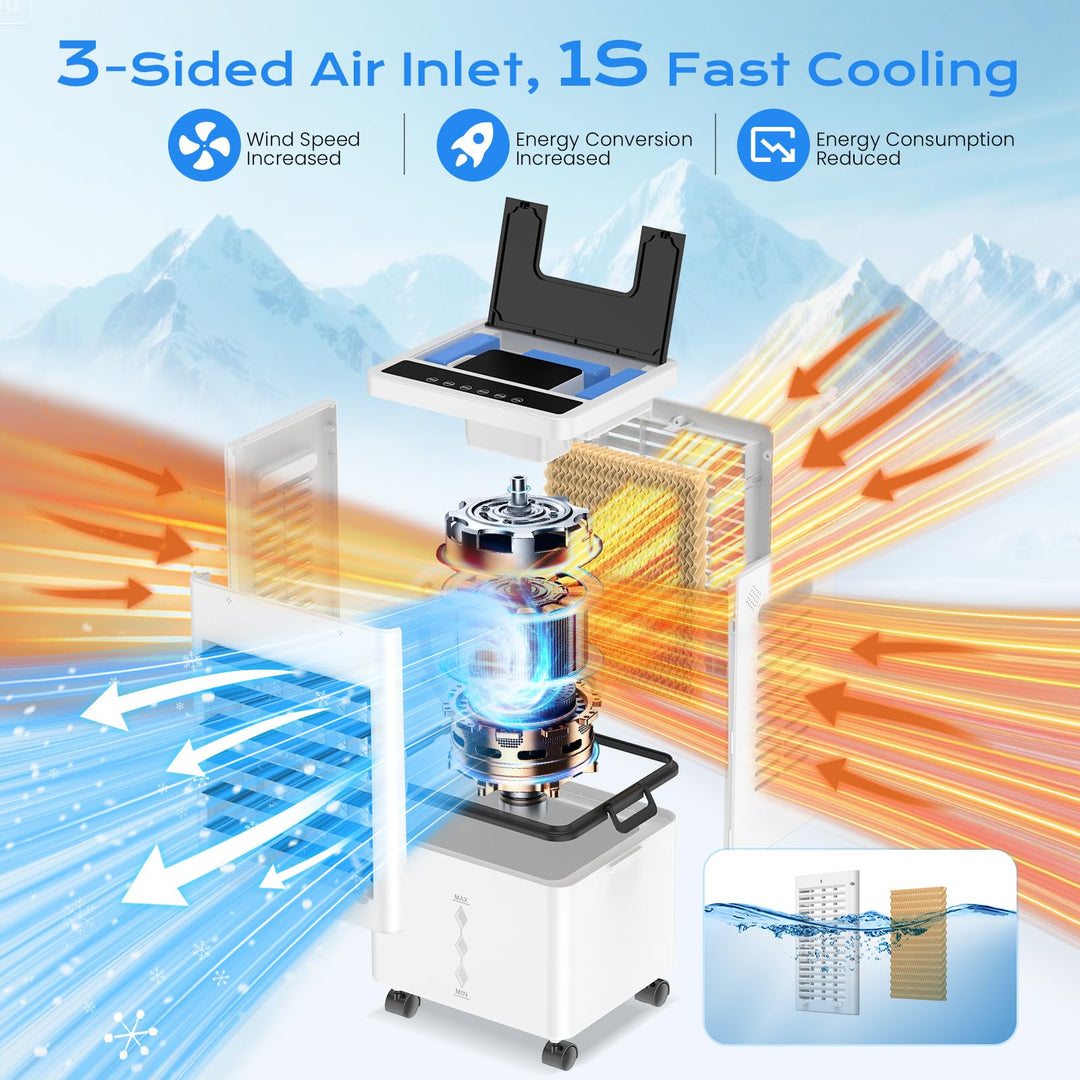 Evaporative air cooler with remote control & 7-hour timer, a convenient home & office cooling solution.