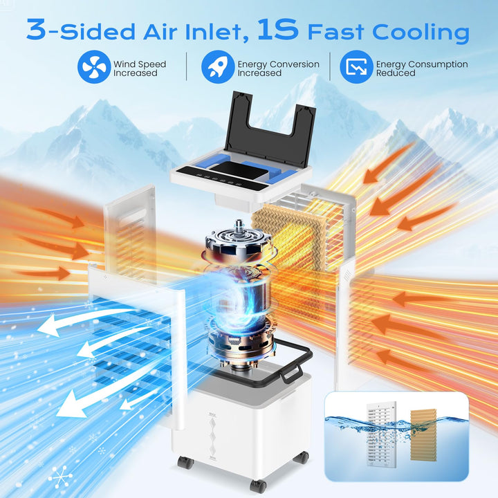 Evaporative air cooler with remote control & 7-hour timer, a convenient home & office cooling solution.