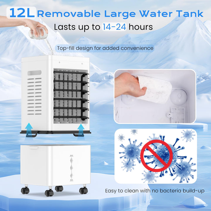 Home comfort: Quiet evaporative air cooler, perfect for bedrooms or living rooms, a natural cooling option.