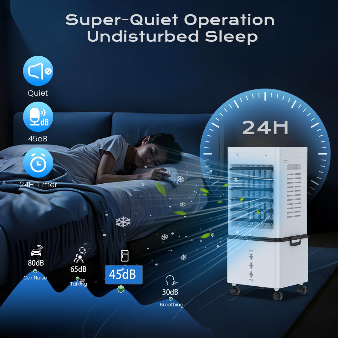 Modern portable evaporative air cooler with multiple fan speeds & oscillation for wide cooling coverage.