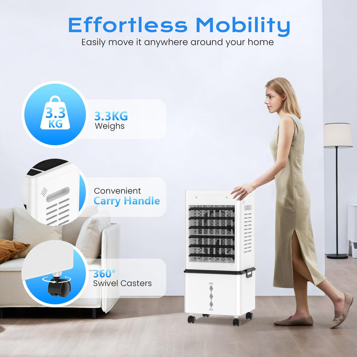 Sleek home & office portable evaporative air cooler, designed for personal comfort & easy operation.
