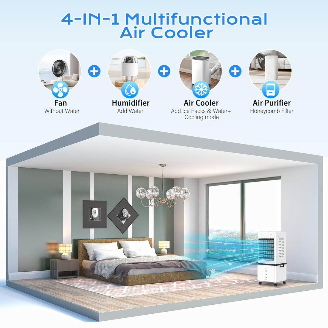 Powerful portable evaporative air cooler, ideal for both home and office use, a complete cooling system.