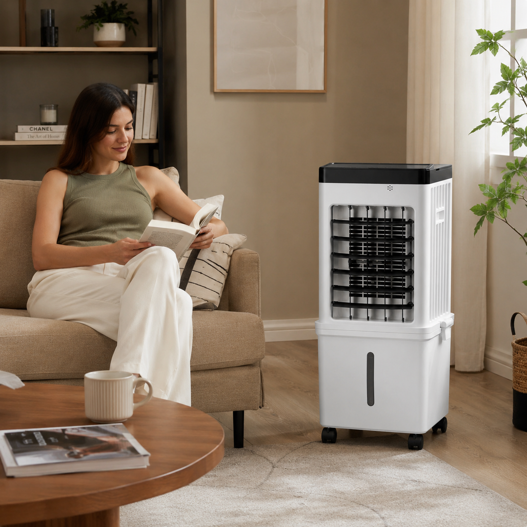 Portable evaporative swamp cooler with 12-hour timer, ideal for home, office, and personal cooling comfort.