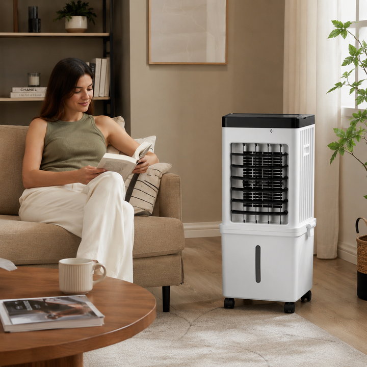 Portable evaporative swamp cooler with 12-hour timer, ideal for home, office, and personal cooling comfort.