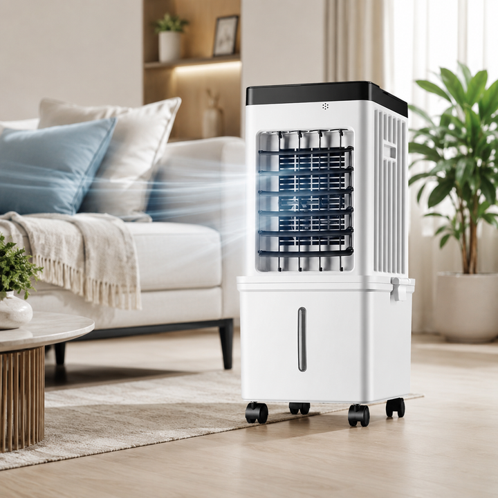 Compact evaporative air cooler, a swamp fan with a 12-hour timer, providing cool air & humidification.