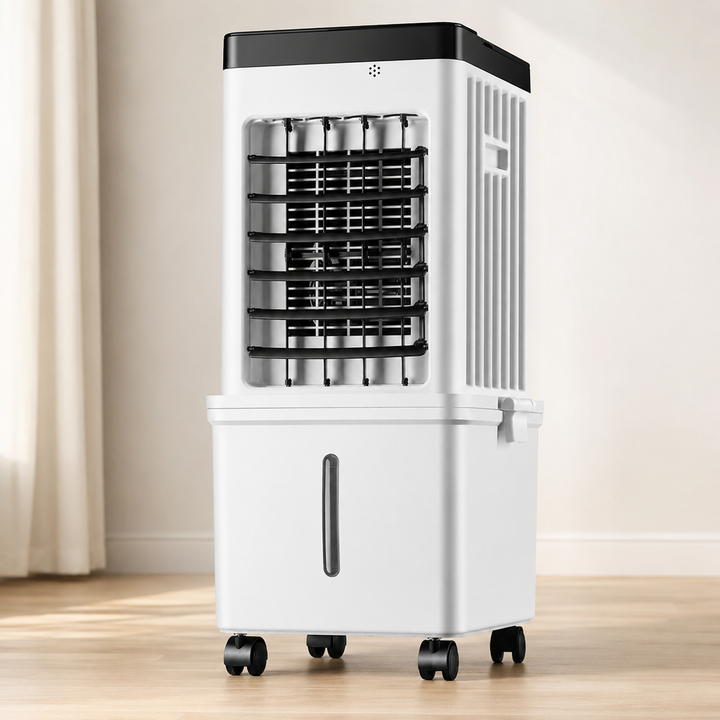 Personal evaporative swamp cooler, a powerful cooling fan with 12-hour timer for efficient climate control.