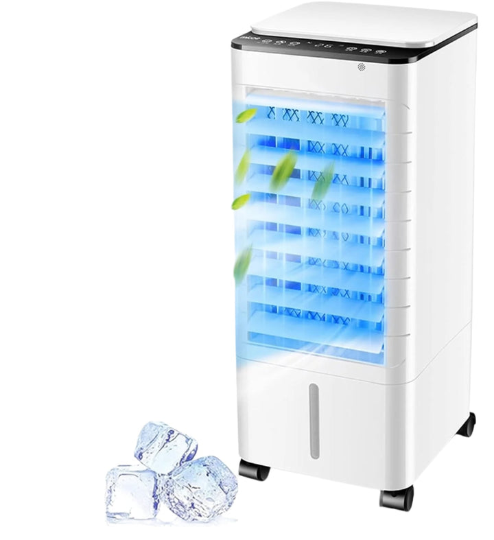 Portable home air cooler & humidifier with remote for indoor comfort.