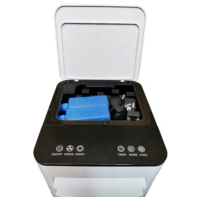 Home appliance: portable air cooler & humidifier, remote control. Perfect for indoor climate control.