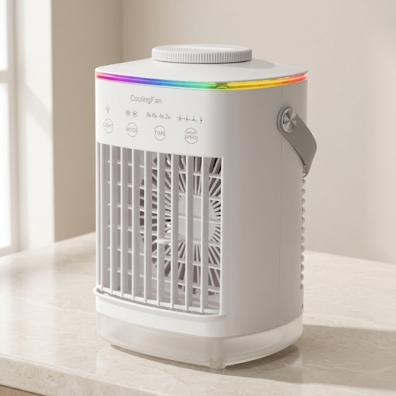 Portable mini air cooler with water tank, perfect desk fan for personal cooling & humidifying. USB powered.
