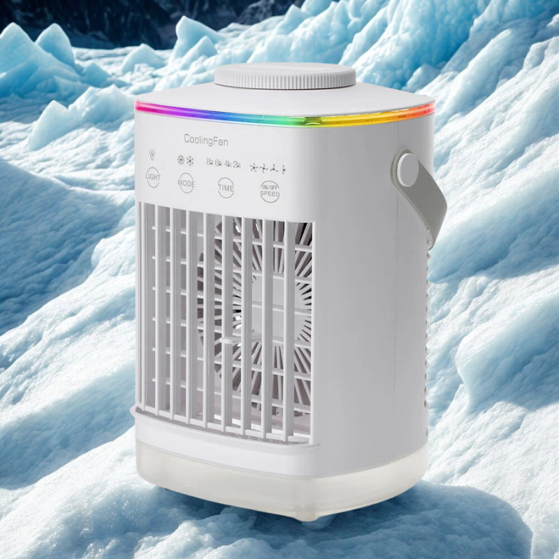 Quiet personal mini air cooler with LED light, USB powered for cool air & misting. Ideal home comfort.