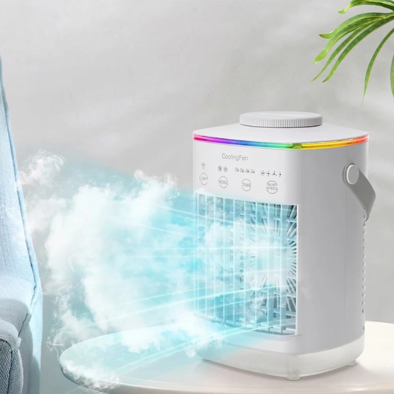 Personal mini air cooler, fan, and humidifier with water tank. Quiet, portable, USB powered with LED.