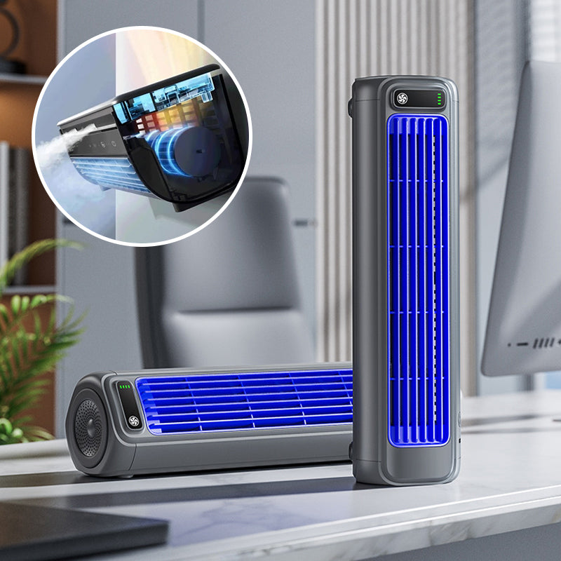 Rechargeable desk fan, compact & powerful, ideal for personal cooling.