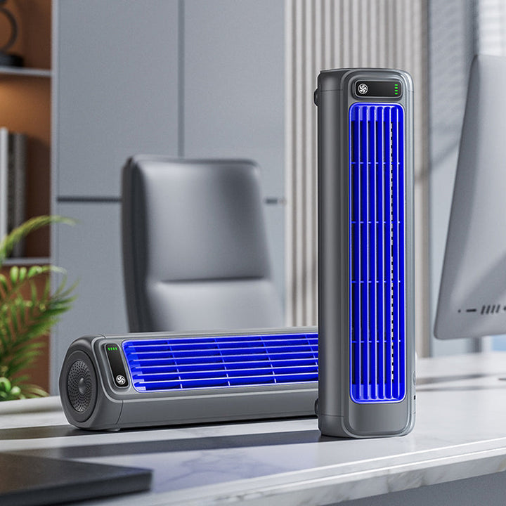 Wall mountable personal fan, rechargeable, ideal for compact spaces.