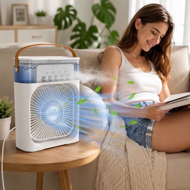 Portable personal air cooler with fan and mist function for desk, bedroom, or travel comfort.
