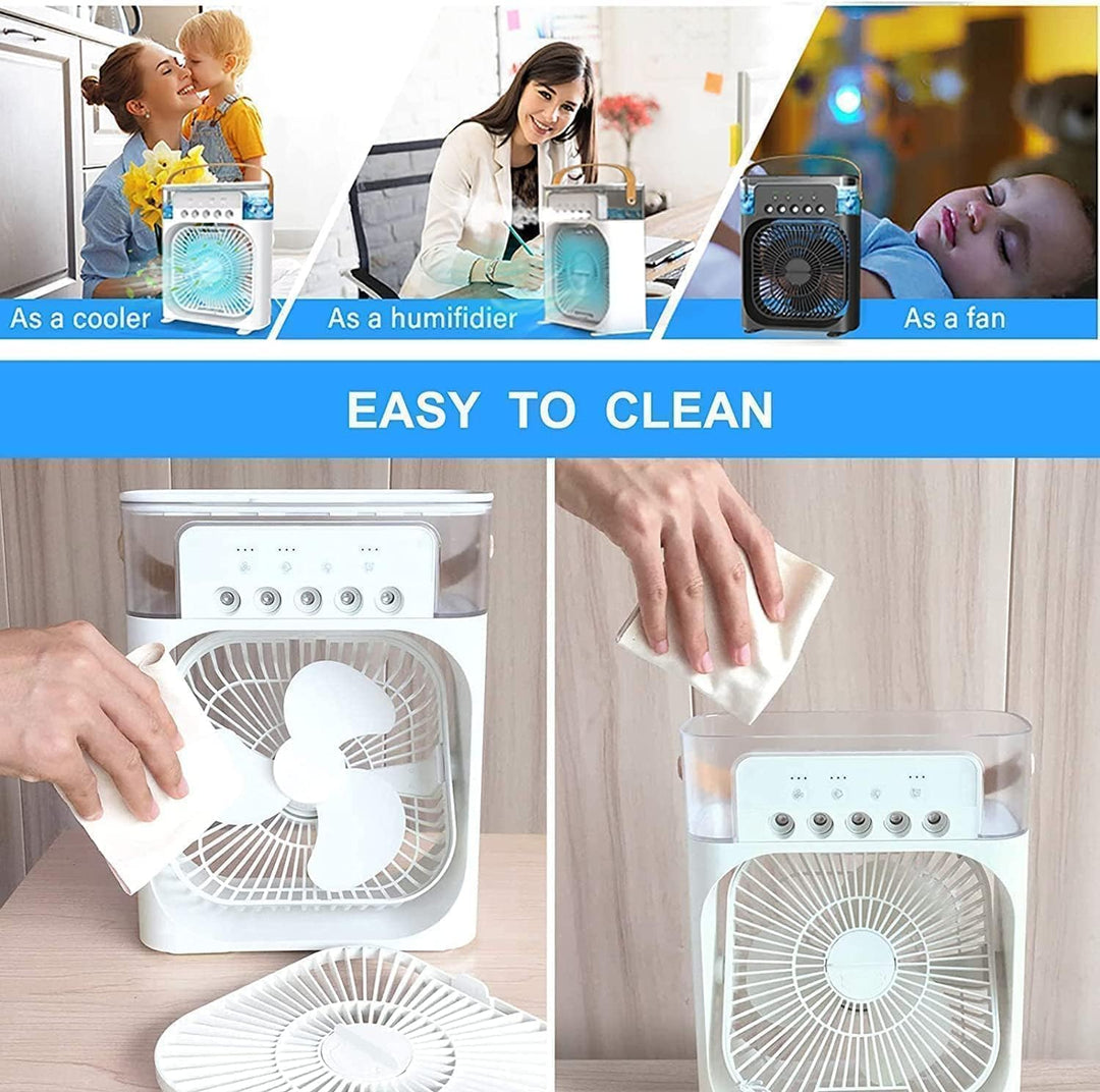 Personal air cooler with a soothing cooling mist and humidifier function for enhanced comfort and air quality.