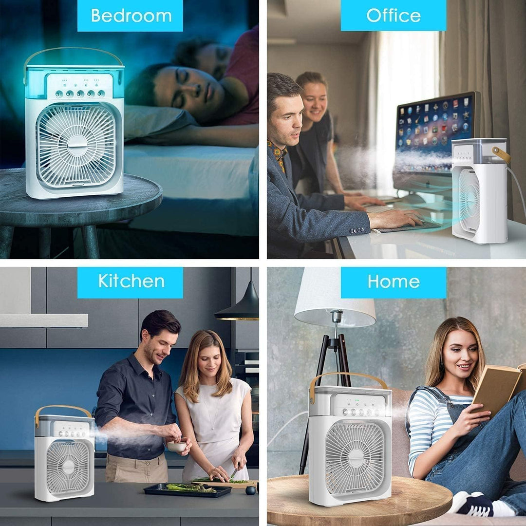Person enjoying refreshing comfort from a compact portable personal air cooler, perfect for hot days.
