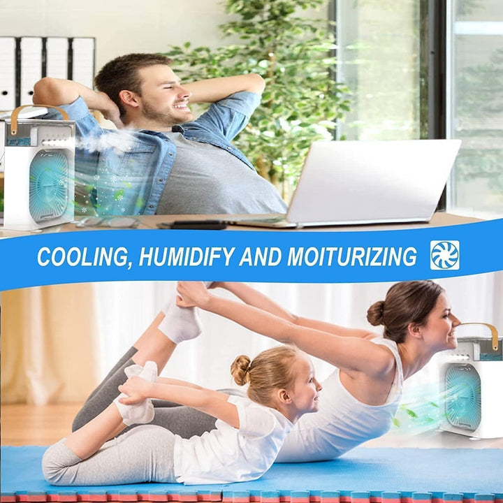 Sleek and compact portable air cooler with personal fan, designed for small spaces and convenient cooling.