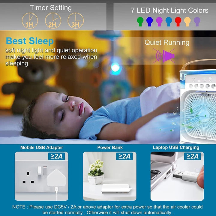 Versatile portable personal air cooler, USB fan, and humidifier for cool, moist air in any personal space.