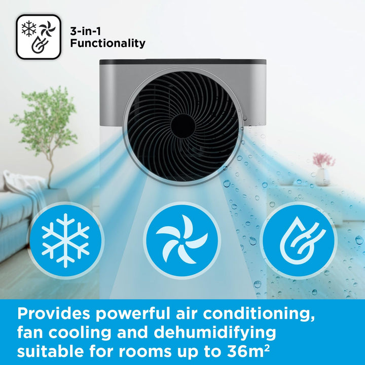 Compact 3-in-1 portable AC unit: powerful air conditioner, dehumidifier, & fan for optimal room comfort.