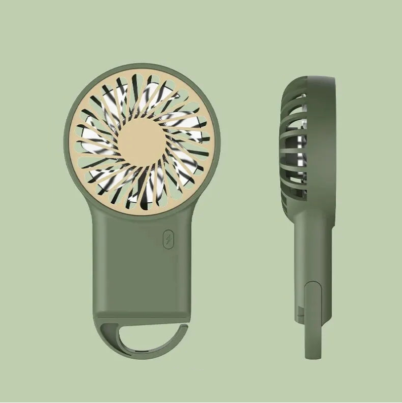 Compact green USB circulation fan, perfect for personal cooling on desk, travel, or camping. Easy to power.