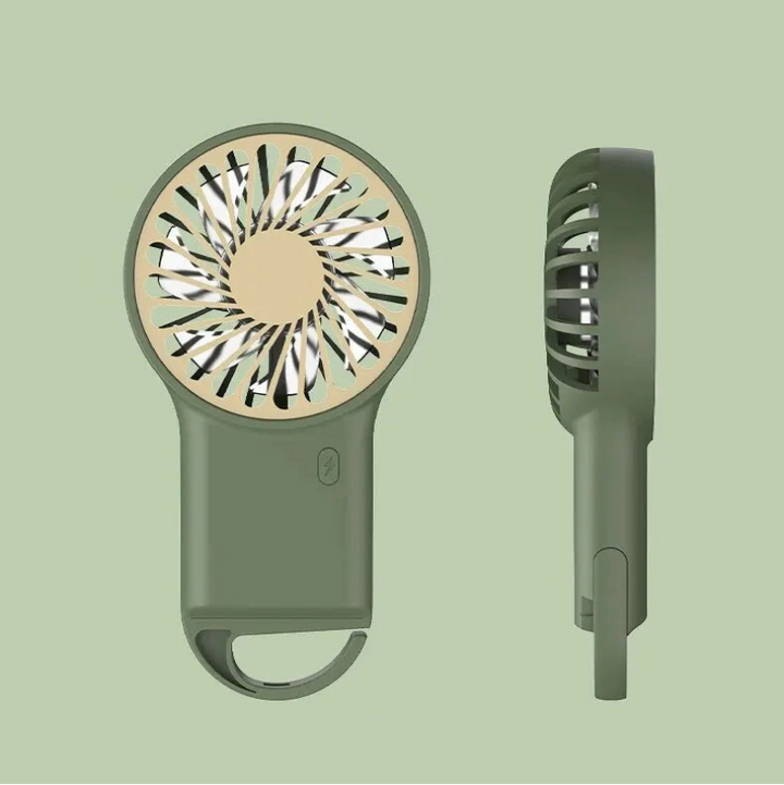 Compact green USB circulation fan, perfect for personal cooling on desk, travel, or camping. Easy to power.