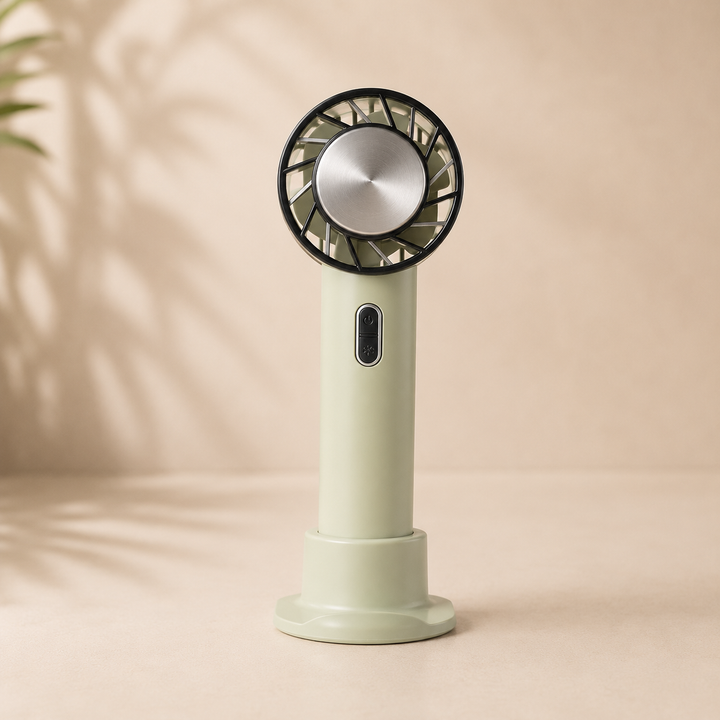 Portable USB desktop air cooler fan with 3 speeds, rechargeable battery, perfect for personal use in office or home.