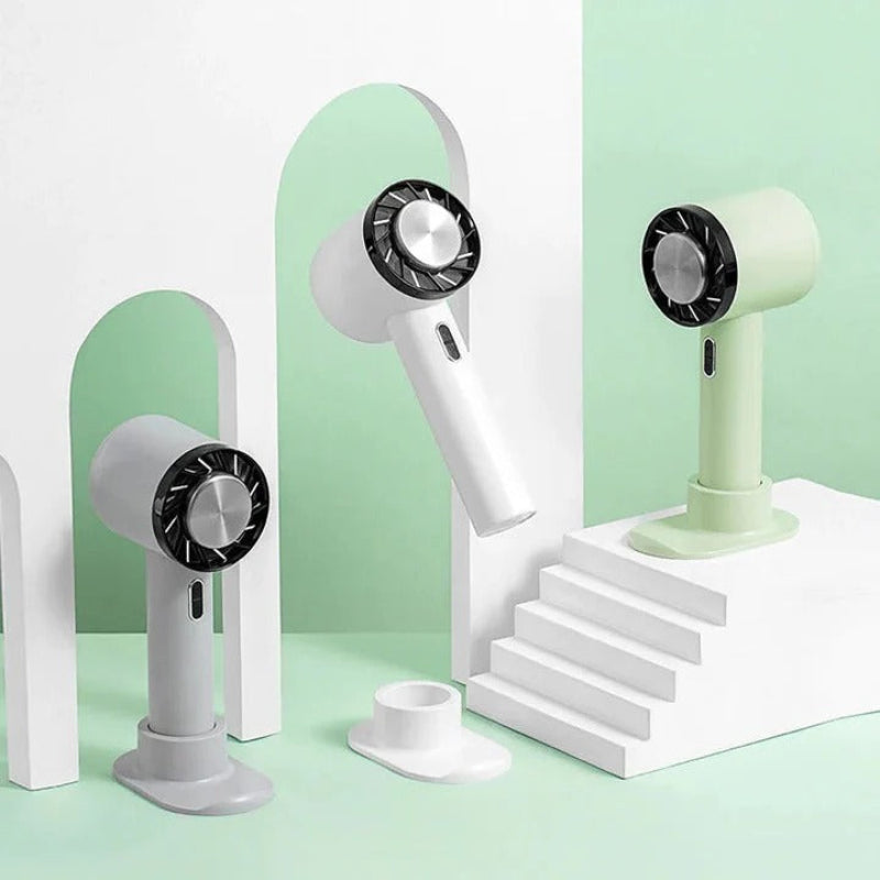 Desktop portable air cooler fan, USB rechargeable, 3 speeds, provides personal cooling for office desks or home use.
