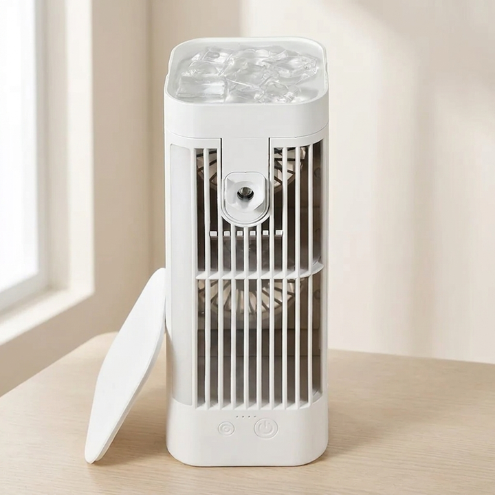 Portable USB misting fan with 3-speed airflow, perfect for personal cooling on desk or home office.
