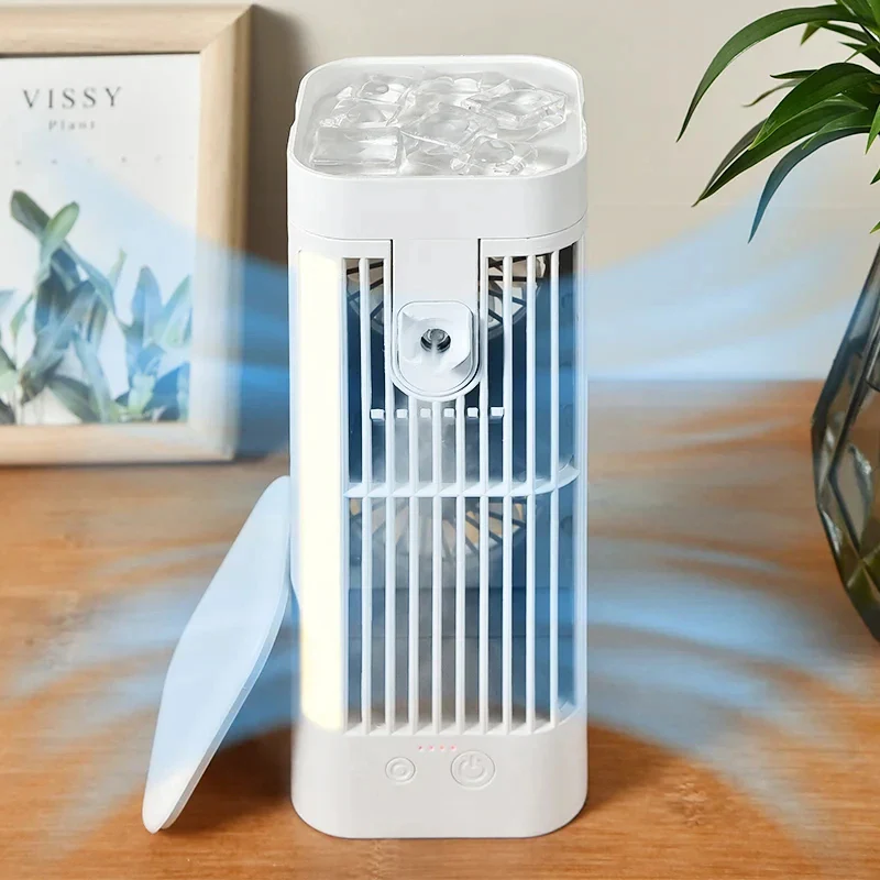 Compact misting fan with integrated night light, providing humidifying cool air for bedroom or workspace.