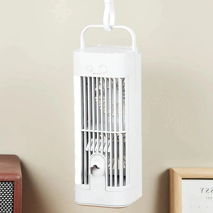 Personal USB fan with cooling mist and adjustable 3-speed airflow, ideal for desk and small spaces.