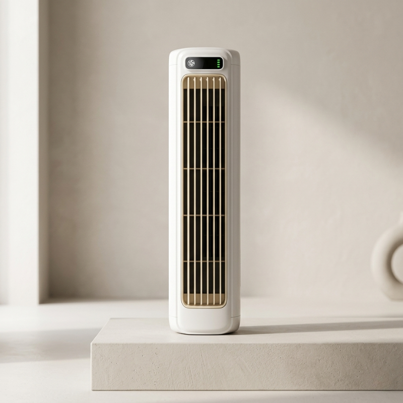 Portable USB rechargeable tabletop fan. White oscillating personal desk fan for home or office, ideal for travel.