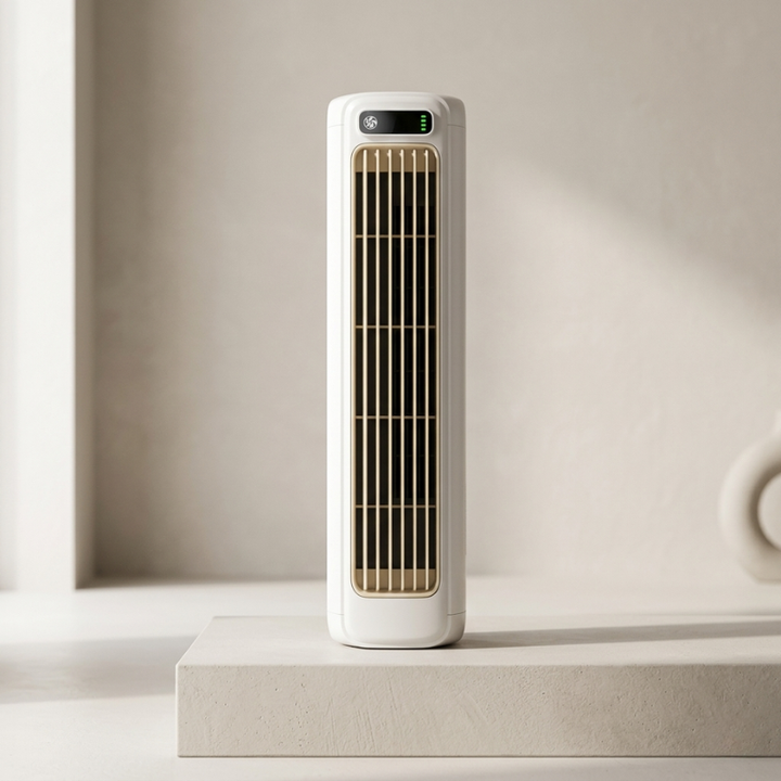 Portable USB rechargeable tabletop fan. White oscillating personal desk fan for home or office, ideal for travel.