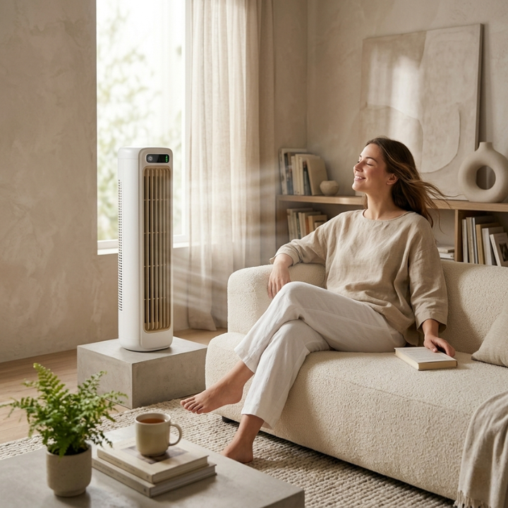 Rechargeable personal desk fan with oscillation. Quiet USB fan for tabletop comfort at home, office, or travel.