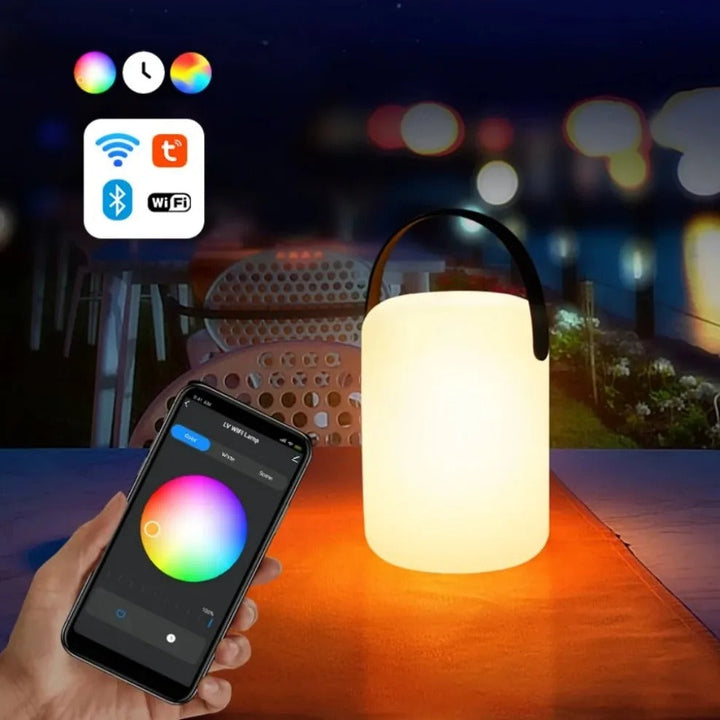 Portable waterproof cordless lamp with remote control, sleek modern design, suitable for indoor and outdoor lighting.