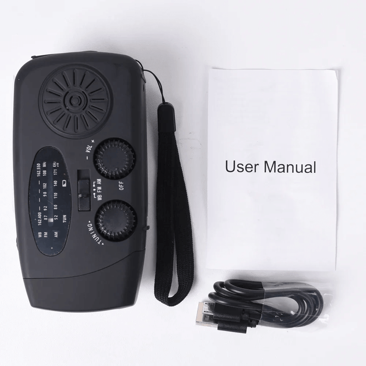 "Portable wind-up radio with LED flashlight and power bank, compact design, suitable for AM/FM/weather alerts and emergencies