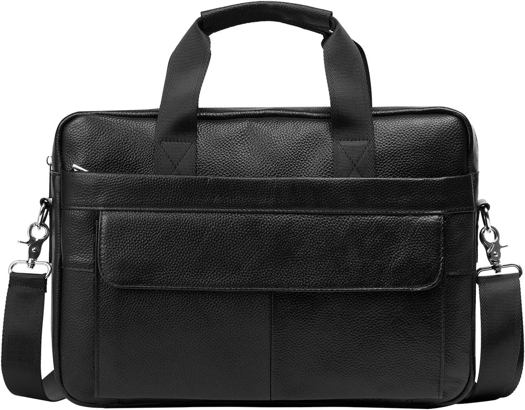 Professional men's leather work bag for business travel, fits 15-inch laptop. Durable cowhide construction.