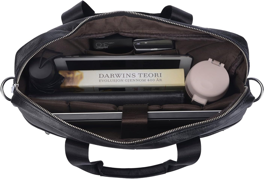 High-quality premium cowhide leather briefcase for men, designed for 15-inch laptops and business essentials.