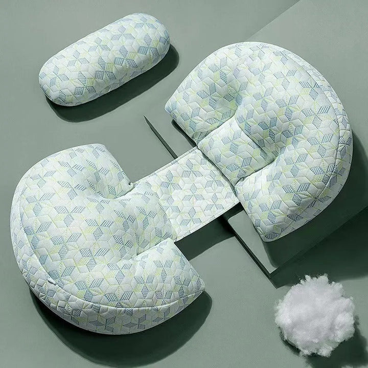 "Premium maternity body pillow with cotton cover, ergonomic design, full-body support for comfort and alignment, hypoallergen